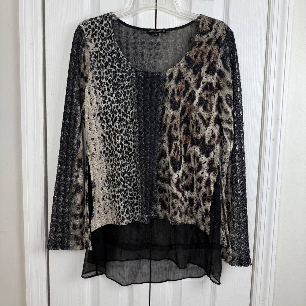 ALBERTO MAKALI Women's Leopard Print Sheer Lace Kimono Style Top M